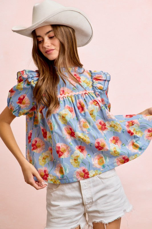 Flower Print Woven Ruffled Detail Puff Sleeves Top