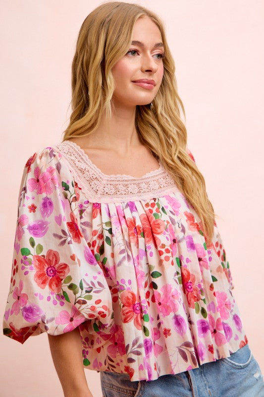 Flower Printed Lace Trim Neckline Blouse Top