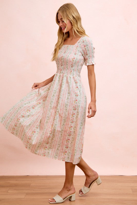 Floral Print Smocked Short Sleeves Midi Dress