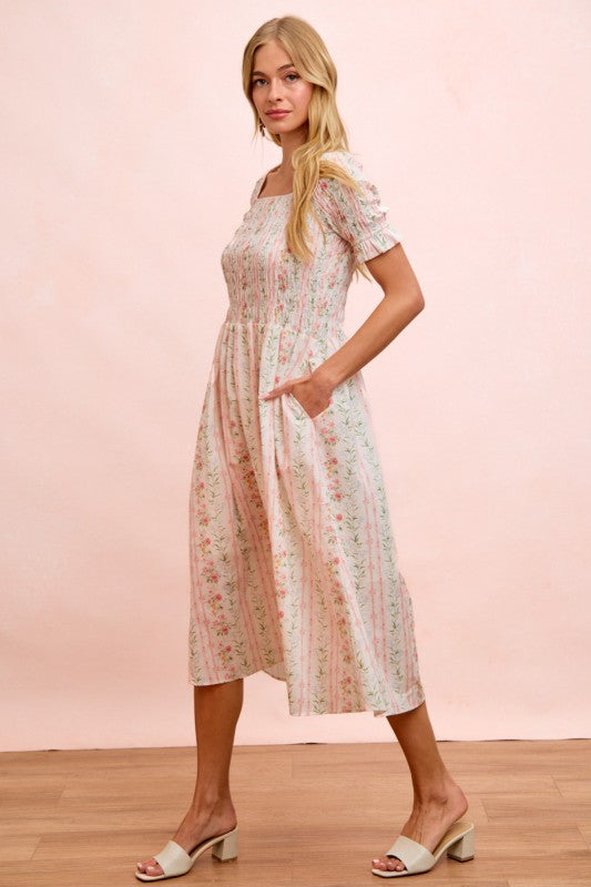 Floral Print Smocked Short Sleeves Midi Dress