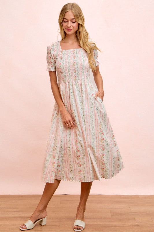 Floral Print Smocked Short Sleeves Midi Dress