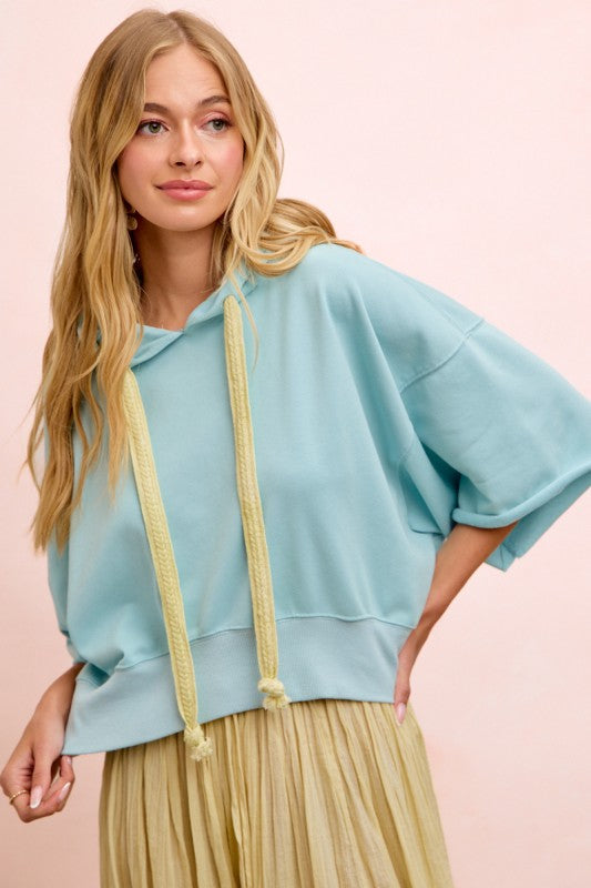Washed Terry Short Sleeve Drawstring Hoodie Top