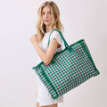 Gingham Check Terry Cloth Frayed Shoulder Tote Bag: Pink&Green