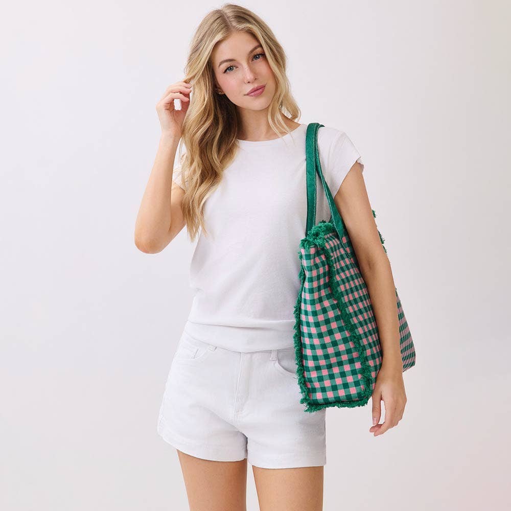Gingham Check Terry Cloth Frayed Shoulder Tote Bag: Pink&Green