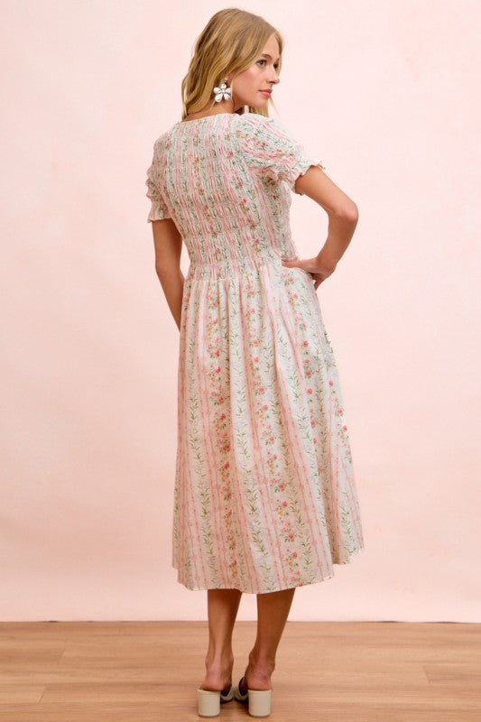 Floral Print Smocked Short Sleeves Midi Dress