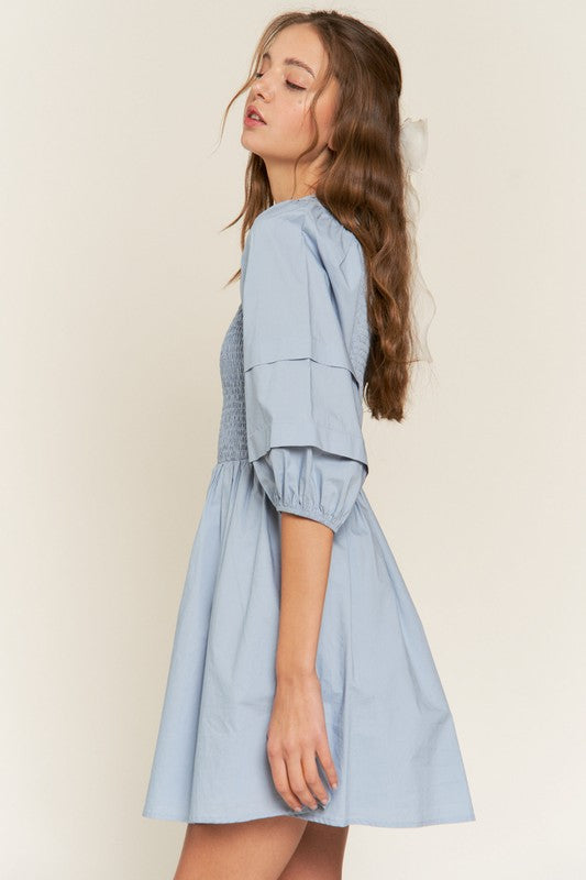 Dust Blue Smocked Puff Sleeve Mini Dress