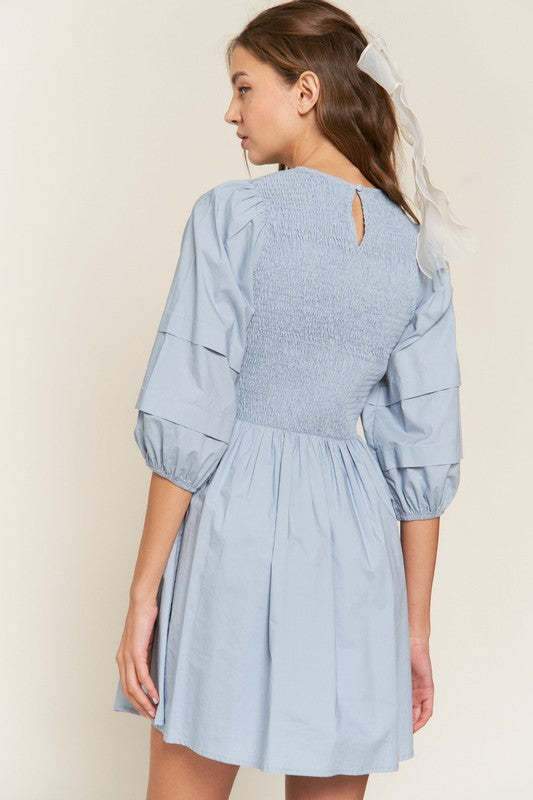 Dust Blue Smocked Puff Sleeve Mini Dress
