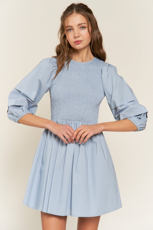Dust Blue Smocked Puff Sleeve Mini Dress