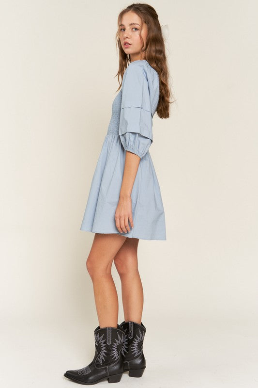 Dust Blue Smocked Puff Sleeve Mini Dress