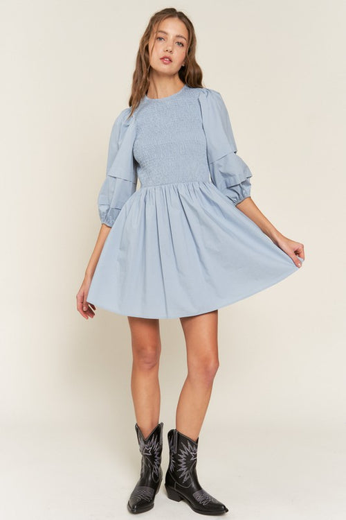 Dust Blue Smocked Puff Sleeve Mini Dress