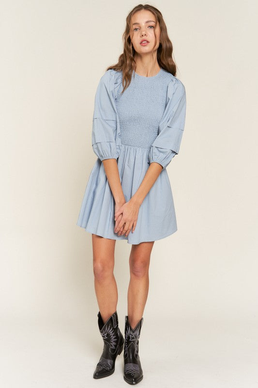 Dust Blue Smocked Puff Sleeve Mini Dress
