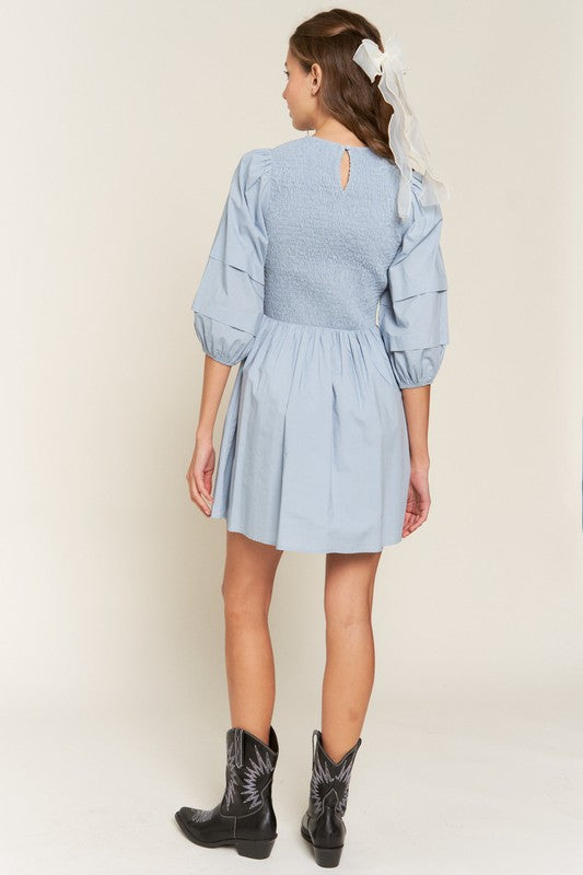 Dust Blue Smocked Puff Sleeve Mini Dress