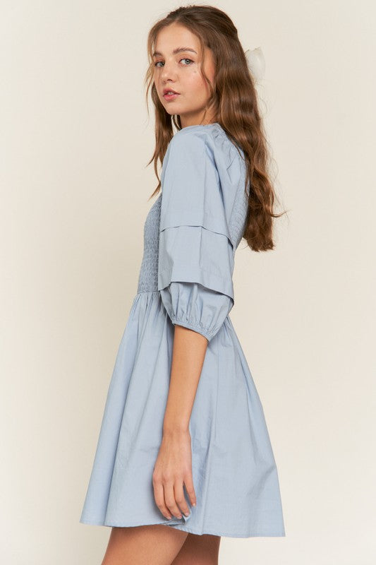 Dust Blue Smocked Puff Sleeve Mini Dress