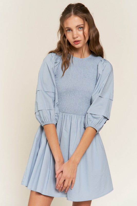 Dust Blue Smocked Puff Sleeve Mini Dress