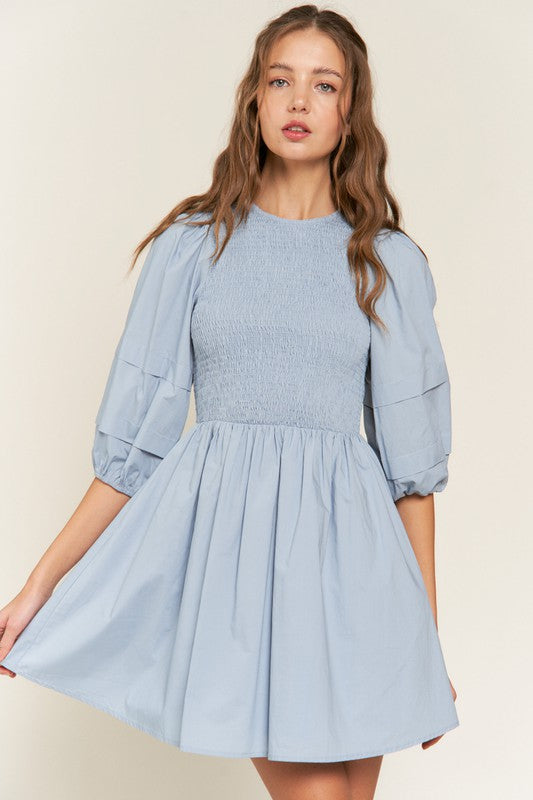 Dust Blue Smocked Puff Sleeve Mini Dress