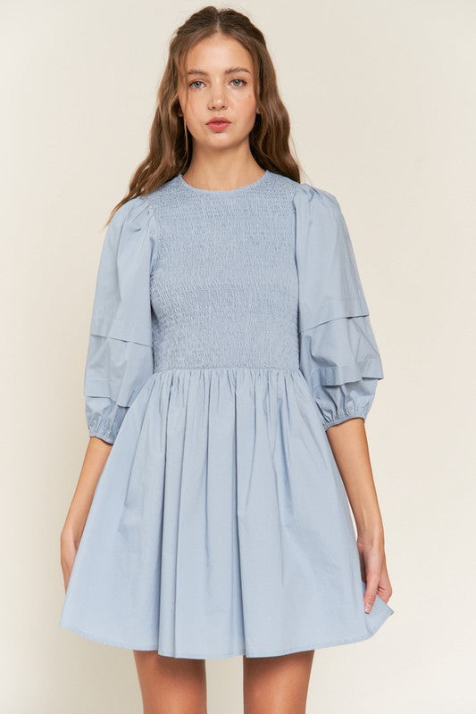 Dust Blue Smocked Puff Sleeve Mini Dress
