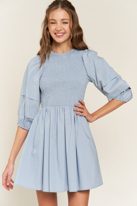 Dust Blue Smocked Puff Sleeve Mini Dress