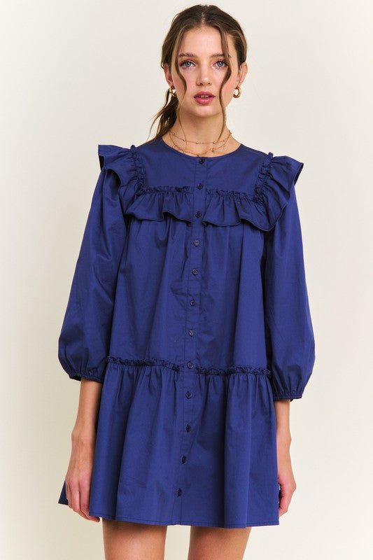 Navy Ruffle Detail Button Front Mini Dress