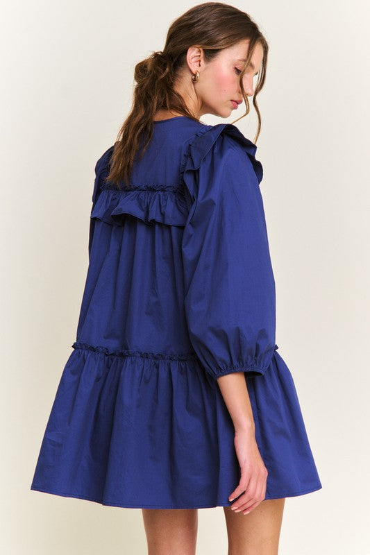 Navy Ruffle Detail Button Front Mini Dress