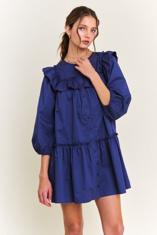 Navy Ruffle Detail Button Front Mini Dress