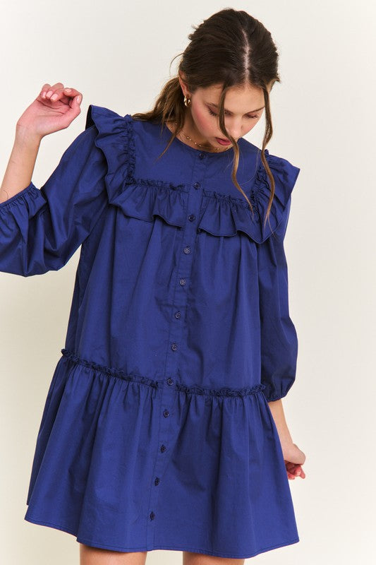 Navy Ruffle Detail Button Front Mini Dress