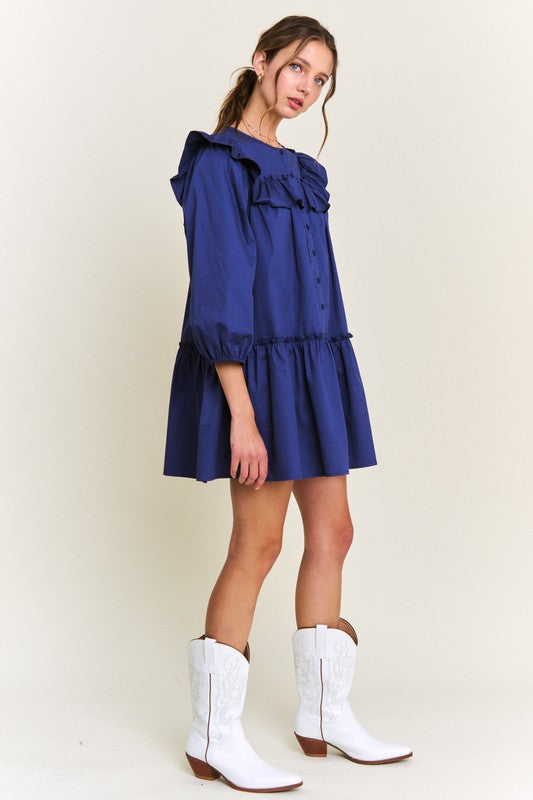 Navy Ruffle Detail Button Front Mini Dress
