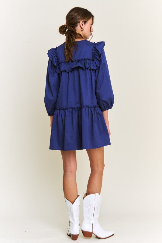 Navy Ruffle Detail Button Front Mini Dress