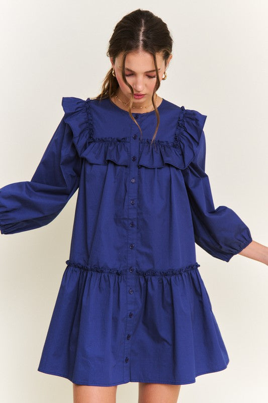 Navy Ruffle Detail Button Front Mini Dress