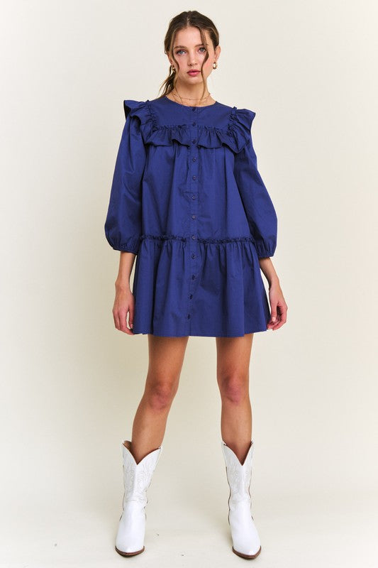 Navy Ruffle Detail Button Front Mini Dress