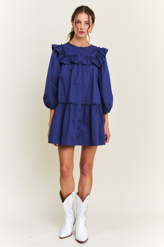Navy Ruffle Detail Button Front Mini Dress