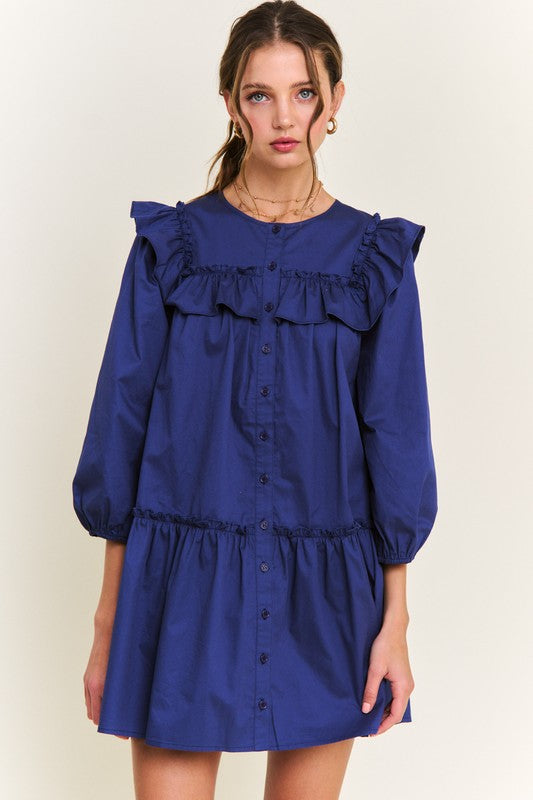 Navy Ruffle Detail Button Front Mini Dress