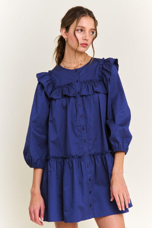 Navy Ruffle Detail Button Front Mini Dress