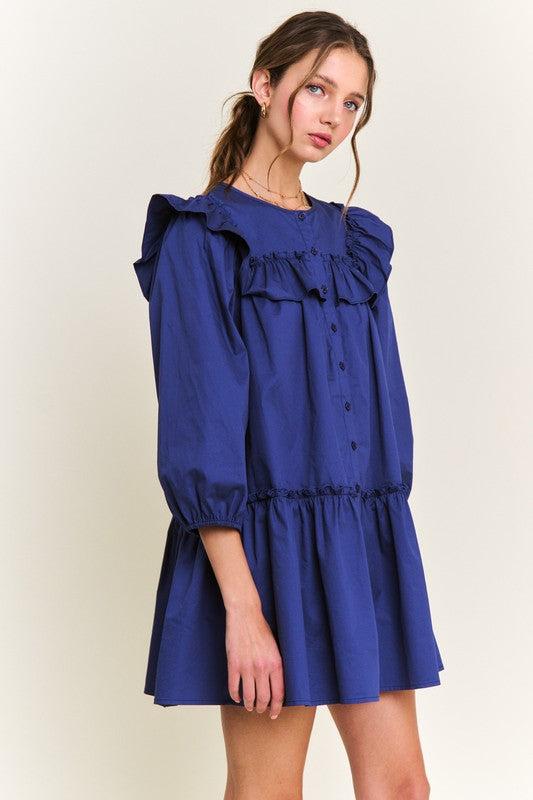 Navy Ruffle Detail Button Front Mini Dress