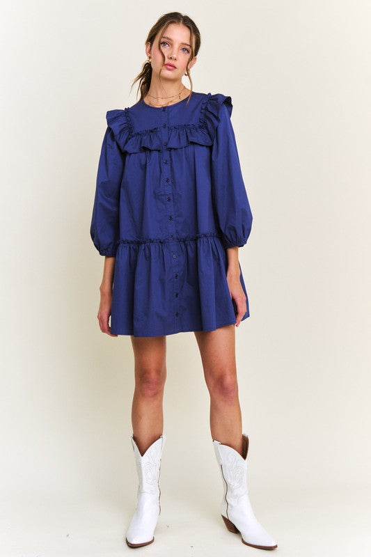 Navy Ruffle Detail Button Front Mini Dress