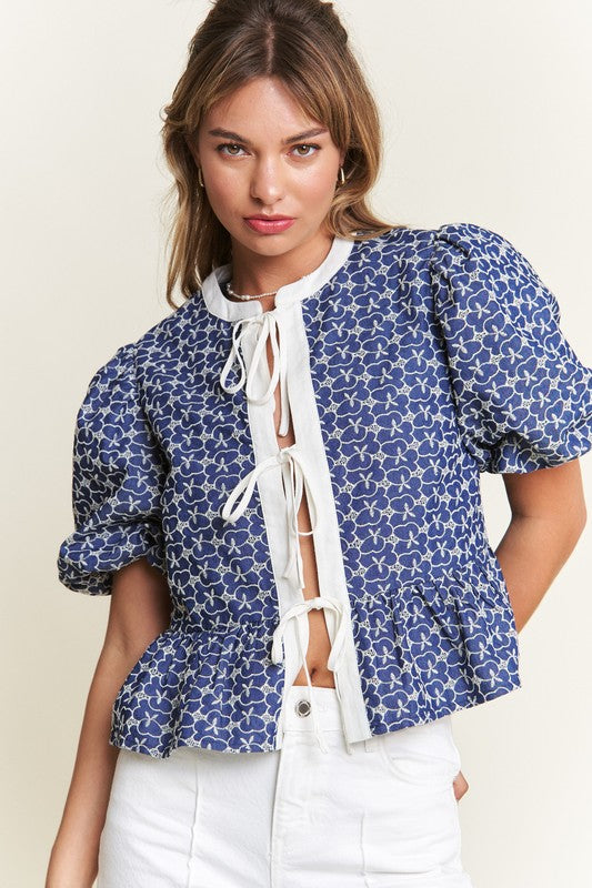 Navy Print Front Tie Blouse