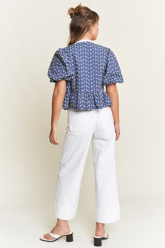 Navy Print Front Tie Blouse
