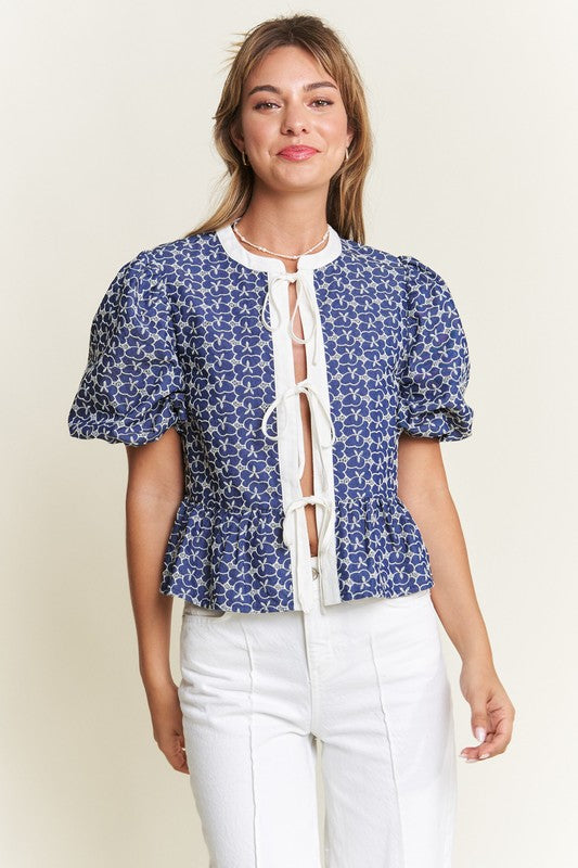 Navy Print Front Tie Blouse