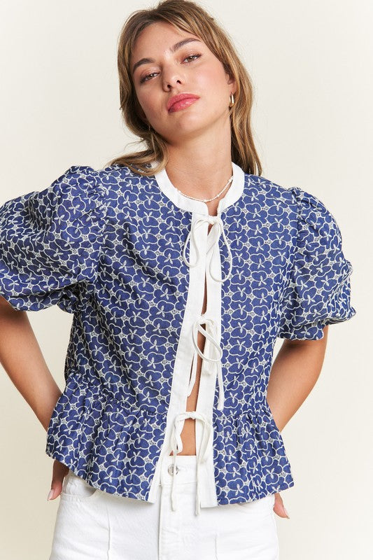 Navy Print Front Tie Blouse