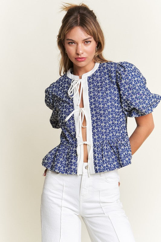 Navy Print Front Tie Blouse