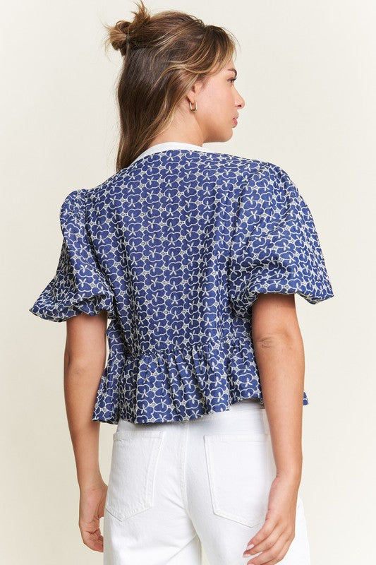 Navy Print Front Tie Blouse