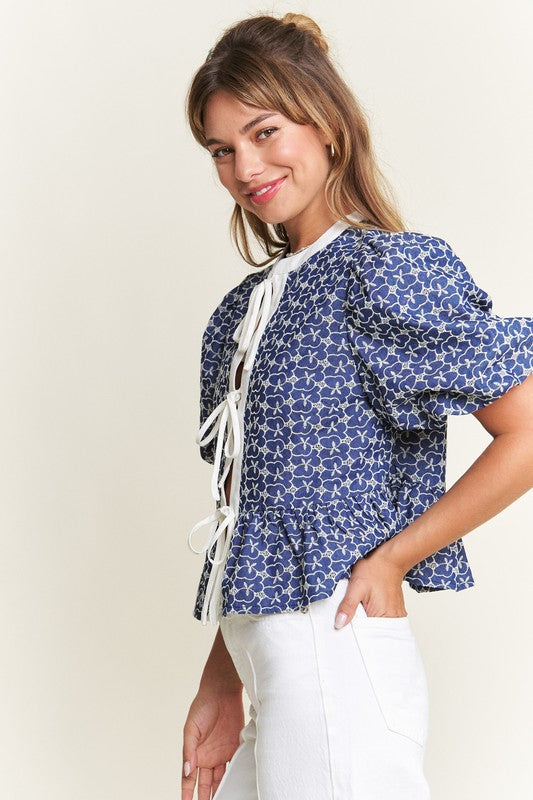 Navy Print Front Tie Blouse