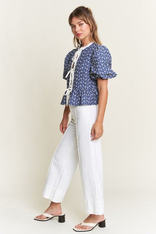Navy Print Front Tie Blouse