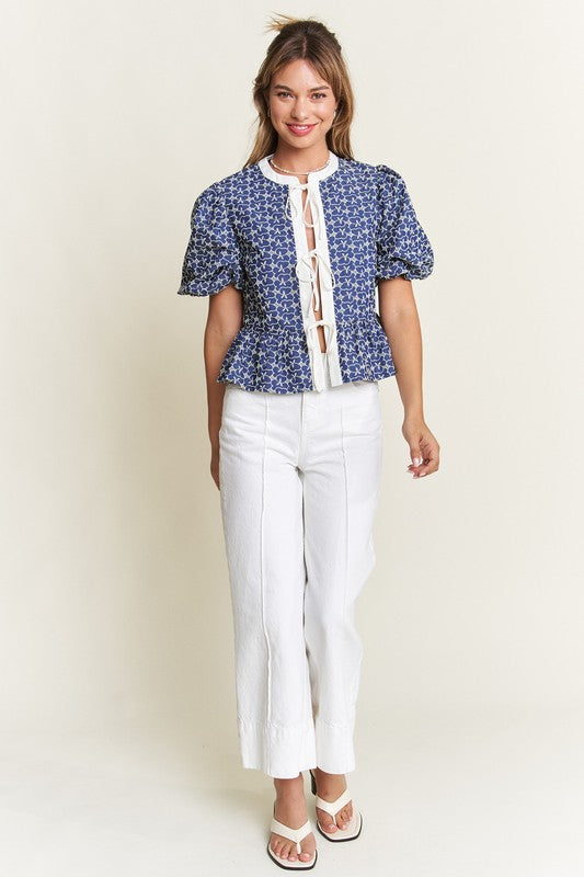 Navy Print Front Tie Blouse