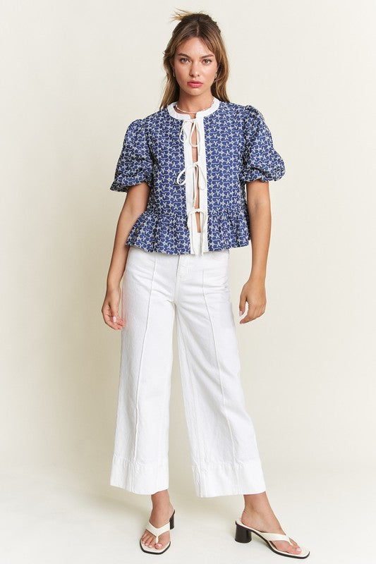 Navy Print Front Tie Blouse