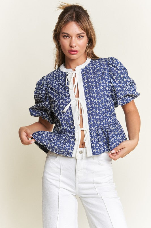 Navy Print Front Tie Blouse