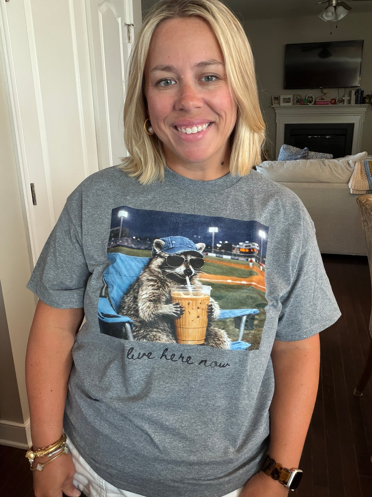 I Live Here Now Raccoon Baseball Graphic T-Shirt