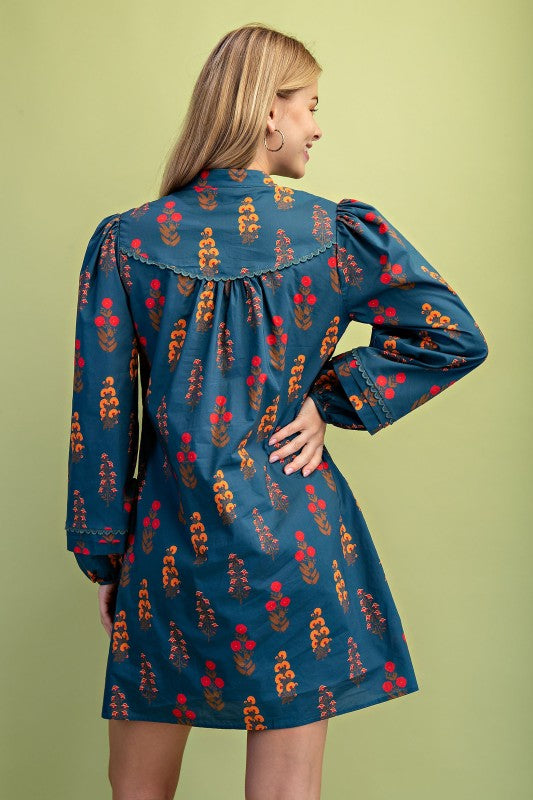 Teal Floral Print Half Button Mini Dress