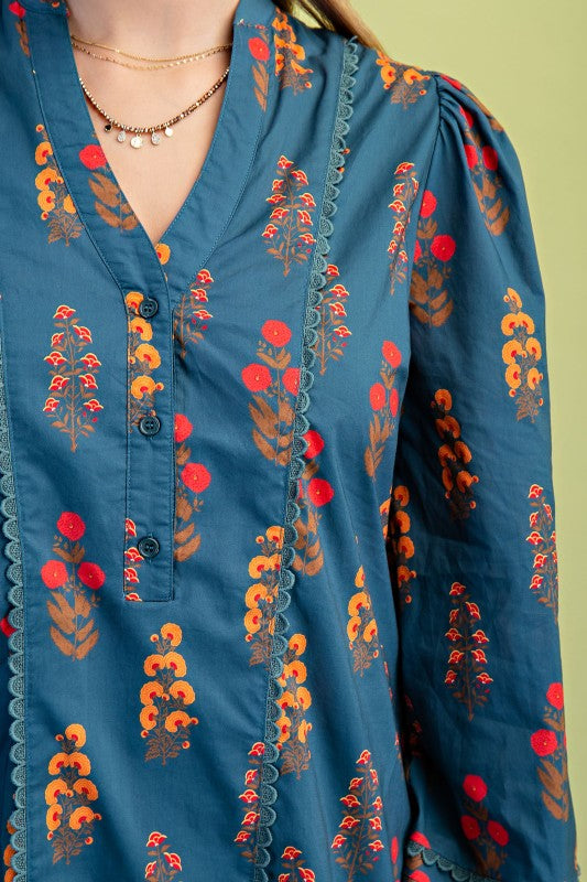 Teal Floral Print Half Button Mini Dress