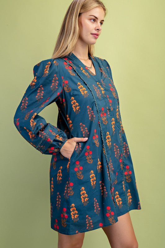 Teal Floral Print Half Button Mini Dress
