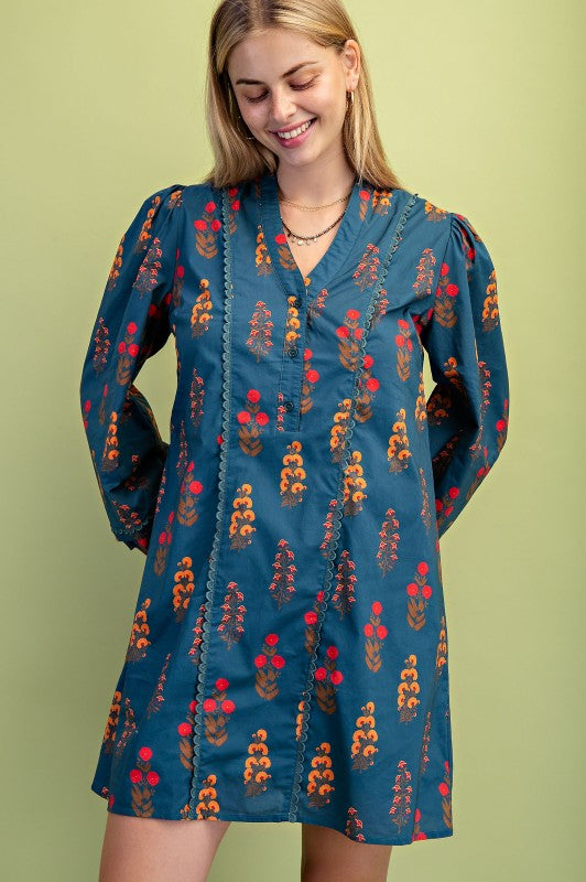 Teal Floral Print Half Button Mini Dress